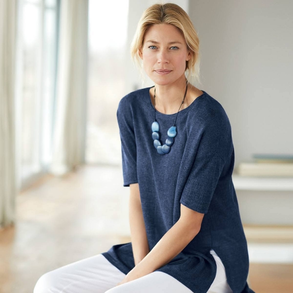 J Jill top womens XL linen blend 3/4 sleeve round neck navy blue